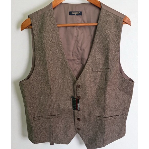 Hisdern Vest Men’s Large Brown Herringbone Tweed Waistcoat Handmade Gatsby Vtg - Picture 1 of 3